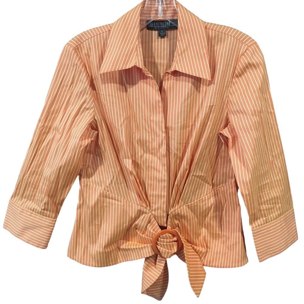 Lafayette 148 New York Blouse sz 4 petite hidden buttons Button down top tie